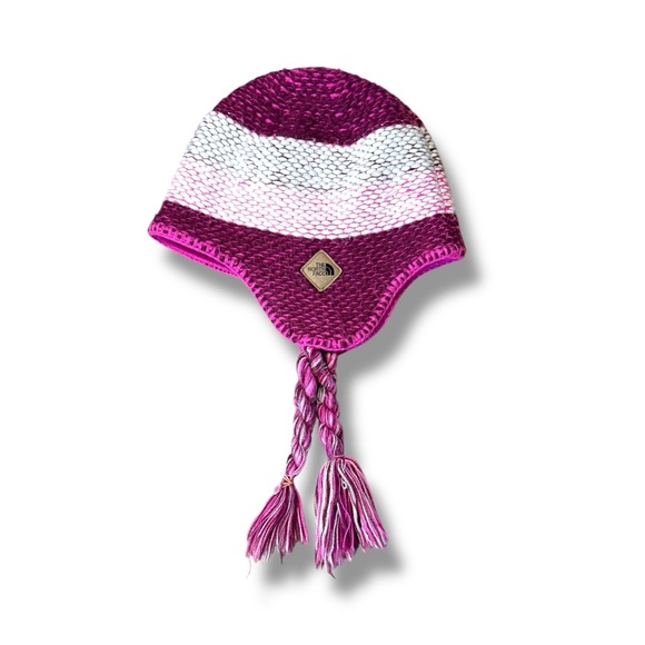 The North Face Knit‎ Hat One Size Pink Purple White Striped Tassel Ear Flap - Picture 1 of 6